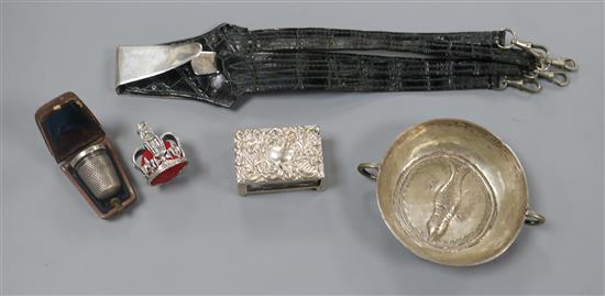 A white metal crown pin cushion, a silver matchbox holder and three other items.